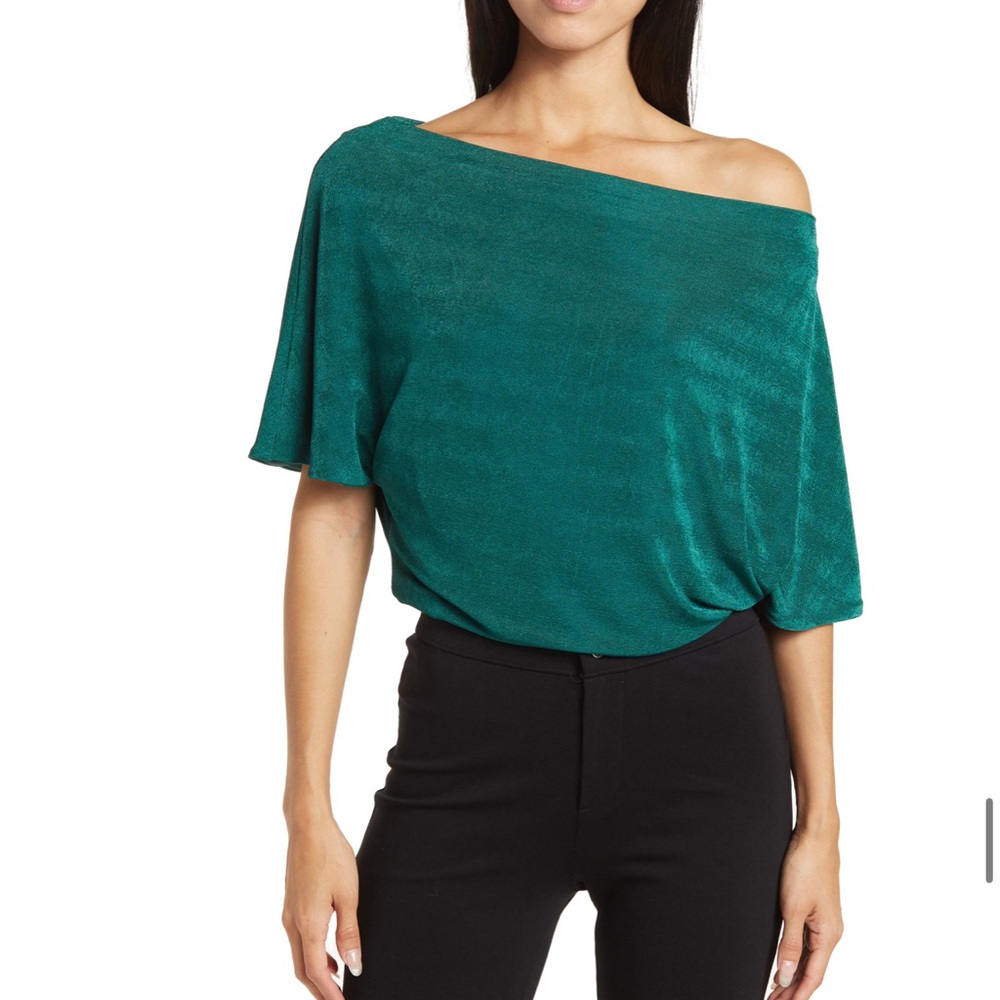 Alexia Admor One-Shoulder Draped Satin Bodysuit EMERALD - NWT